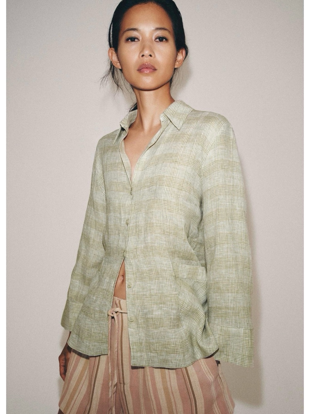 Zara Zw Collection 100% Linen Plaid Shirt In Green